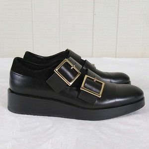 Tibi Buckle Strap Platform Wedge Shoes Leather